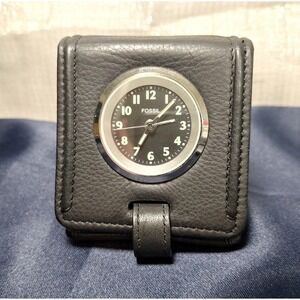 FOSSIL TRAVEL‎ CLOCK BLACK  LEATHER CASE  Vintage Folding Retro Working